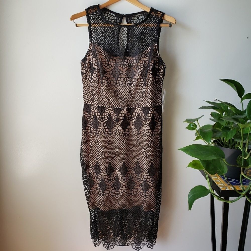 NWT BISOU BISOU BLACK LACE BODYCON MIDI DRESS SZ 8 - Picture 1 of 8